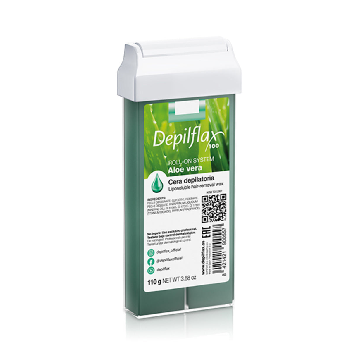 Cera Depilflax 100 per la rimozione dei peli, rullo all'aloe vera, 110 g