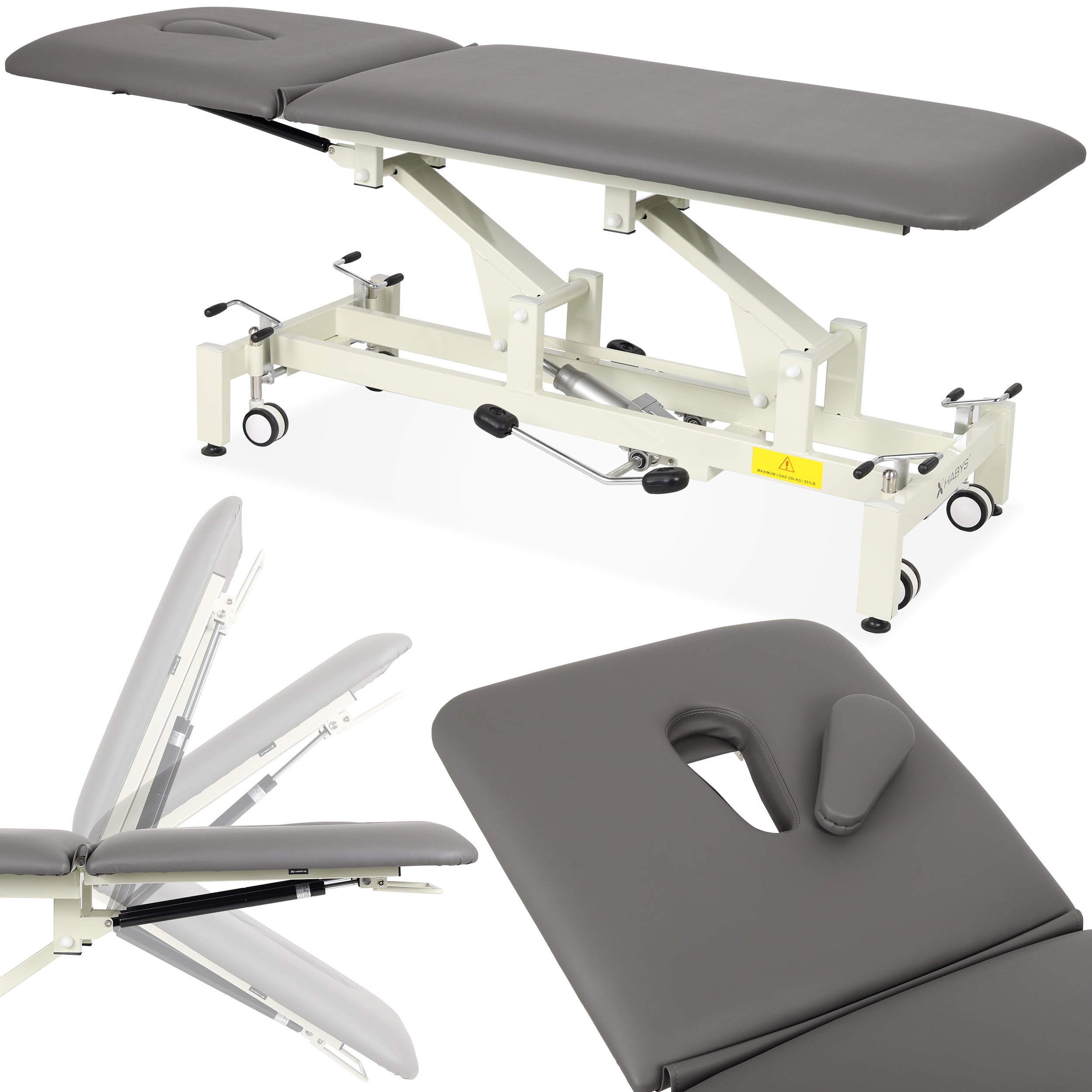 Ultima H2 therapy table, hydraulic adjustment, wheels, PVC gray